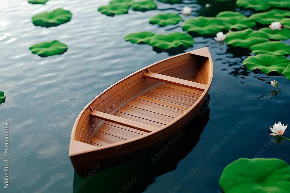 Obraz premium Calm lake cradles floating rowboat in serene embrace, where soft mist and lotus blossoms create harmonious morning escape. Warm light filters through gentle waves, completing peaceful scene.