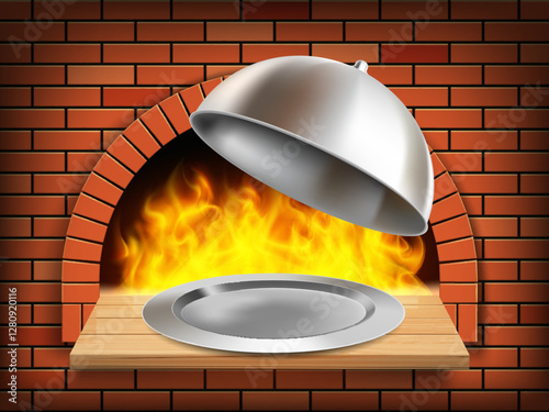Tray dish with metal cap cloche on background Wood burning oven with flame inside. Vector illustration.