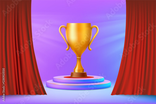 Golden cup stands on the podium on the stage among the red curtain, illuminated by the spotlight. Vector illustration.