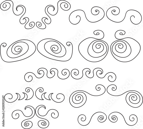 Swirls or scrolls,stroke, vintage flourishes and curls. Swishes, swashes or swoops. Wedding dividers text, Calligraphic line and calligraphy ornament ink vector design elements.