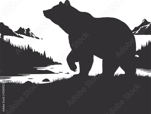 Bear Silhouette Vector Art Illustration On Solid White Background