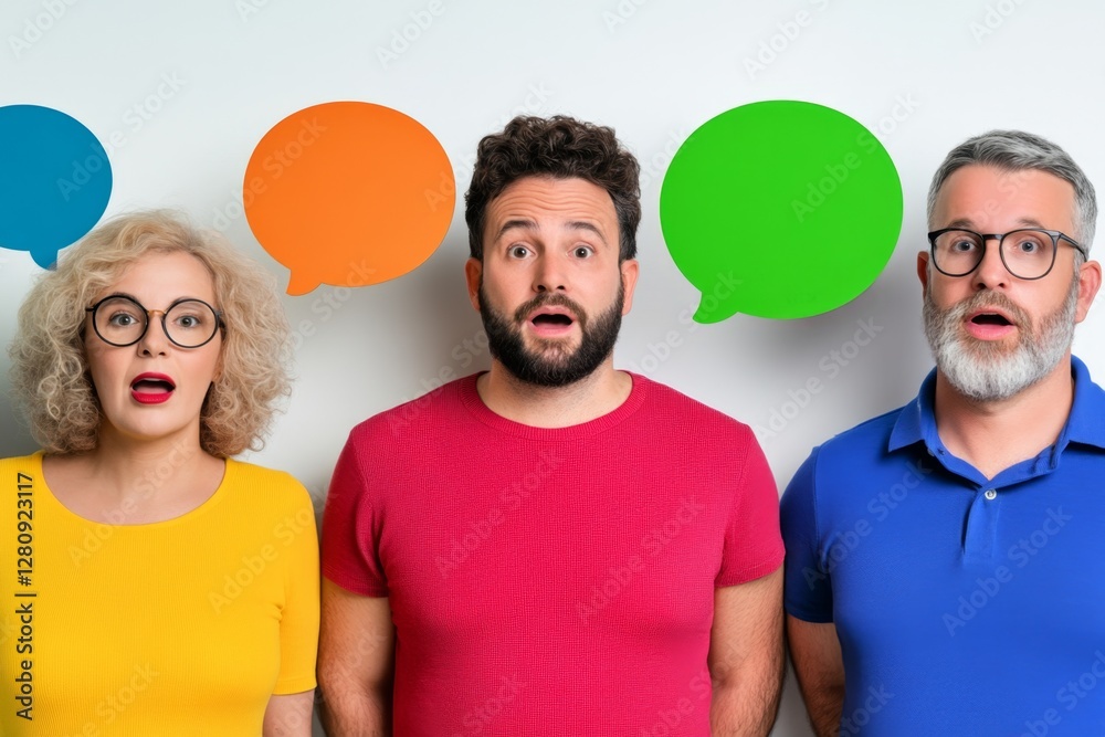 Fototapeta premium Diverse group of people having a conversation with colorful dialogue bubbles on a white background Teamwork, communication, brainstorming, ideas exchange, social interaction, diversity