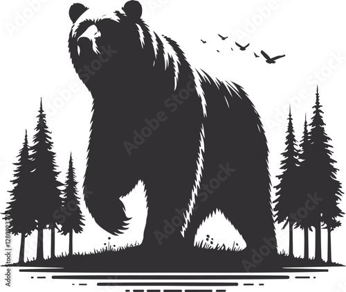 Bear Silhouette Vector Art Illustration On Solid White Background