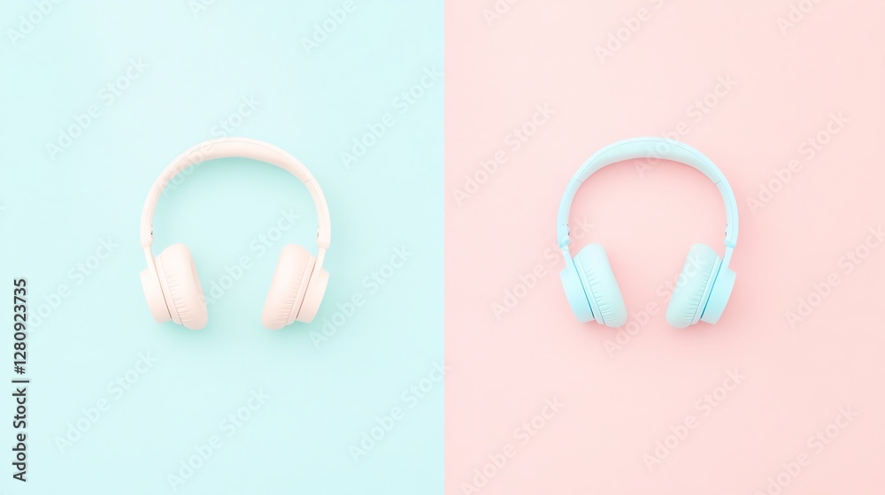 Two pairs of stylish headphones in pastel colors, one white and one light blue, set against contrasting pastel backgrounds. Two pairs of stylish headphones in pastel colors, one white and one light blue, set against contrasting pastel backgrounds.