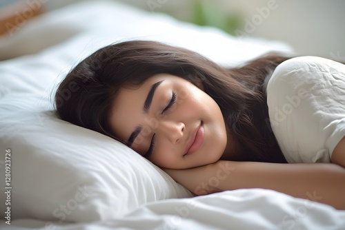 A beautiful young Indian woman sleeping in bed, with a white pillow and blanket. This close-up portrait captures a happy facial expression, in bedroom, Generative AI