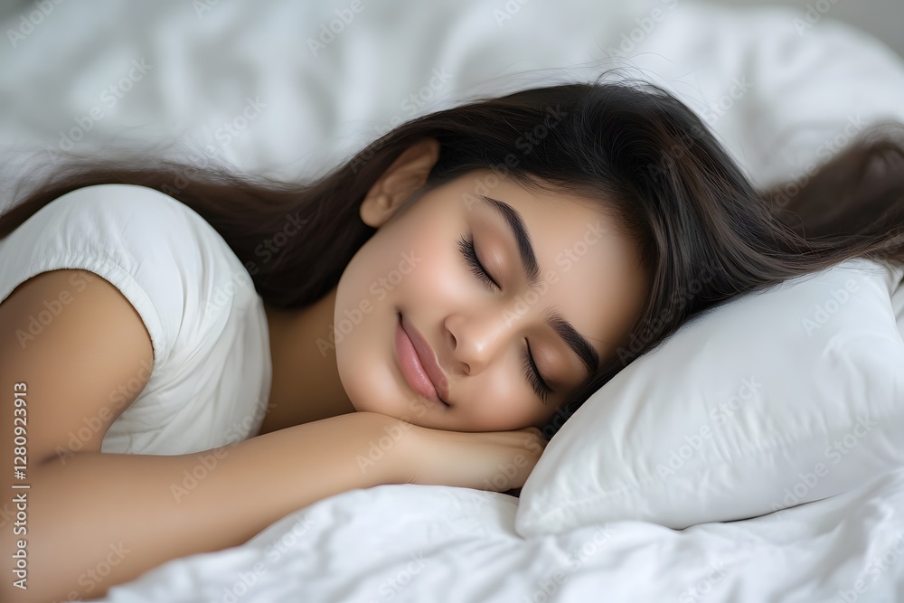 A beautiful young Indian woman sleeping in bed, with a white pillow and blanket. This close-up portrait captures a happy facial expression, in bedroom, Generative AI A beautiful young Indian woman sleeping in bed, with a white pillow and blanket. This close-up portrait captures a happy facial expression, in bedroom, Generative AI