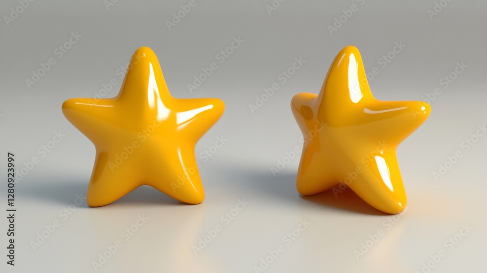 Two glossy yellow stars, 3D render, neutral background, rating concept Two glossy yellow stars, 3D render, neutral background, rating concept