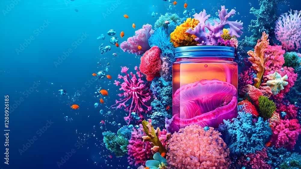 A futuristic hydrating gel infused with Jellyfish collagen extract, featuring floating marine elements and deep ocean hues, representing advanced and innovative skincare.