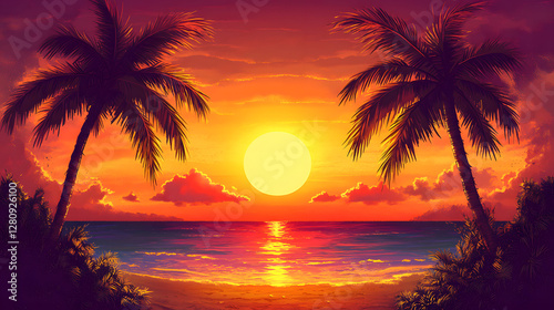 A colorful sunset with palm trees in the foreground, a digital painting depicting a vibrant tropical scene
