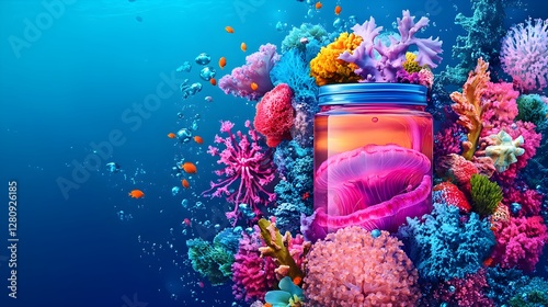 Obraz na płótnie A futuristic hydrating gel infused with Jellyfish collagen extract, featuring floating marine elements and deep ocean hues, representing advanced and innovative skincare. w salonie