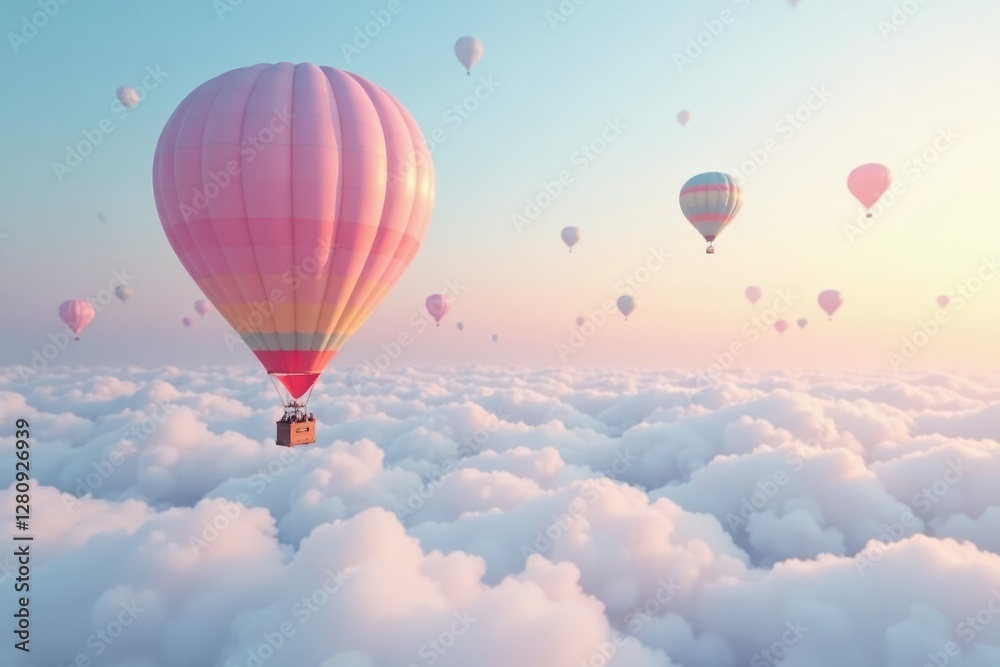Fototapeta premium Hot air balloons in soft pastel hues float above the white clouds, soft pastel balloons, soothing, calm