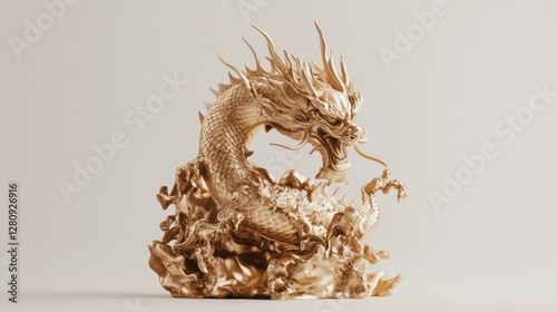 A golden statue of a chinese dragon white isolate background
