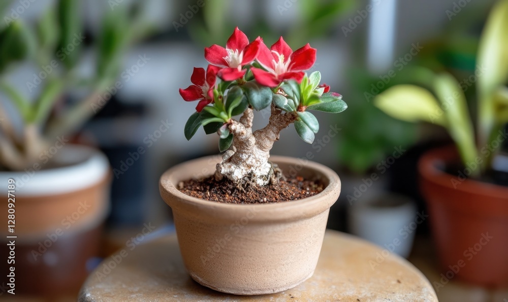 A vibrant flowering plant in a terracotta pot, set in a cozy indoor garden with various greenery A vibrant flowering plant in a terracotta pot, set in a cozy indoor garden with various greenery