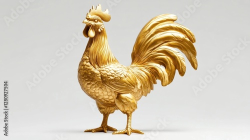 A golden statue of a chicken white isolate background