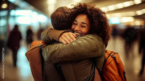 Heartwarming reunion of a couple embracing at the airport arrivals