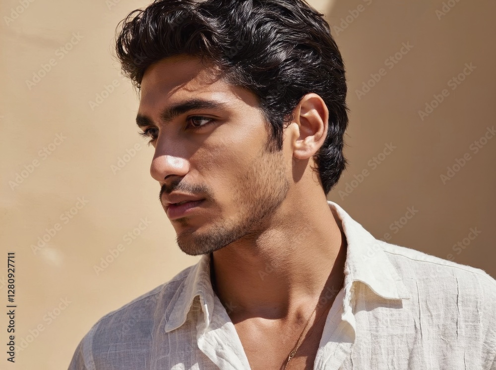 Hispanic male resting in soft natural light, wearing white shirt, displaying contemplative expression with sun bronzed complexion, embodying quiet introspection Hispanic male resting in soft natural light, wearing white shirt, displaying contemplative expression with sun bronzed complexion, embodying quiet introspection