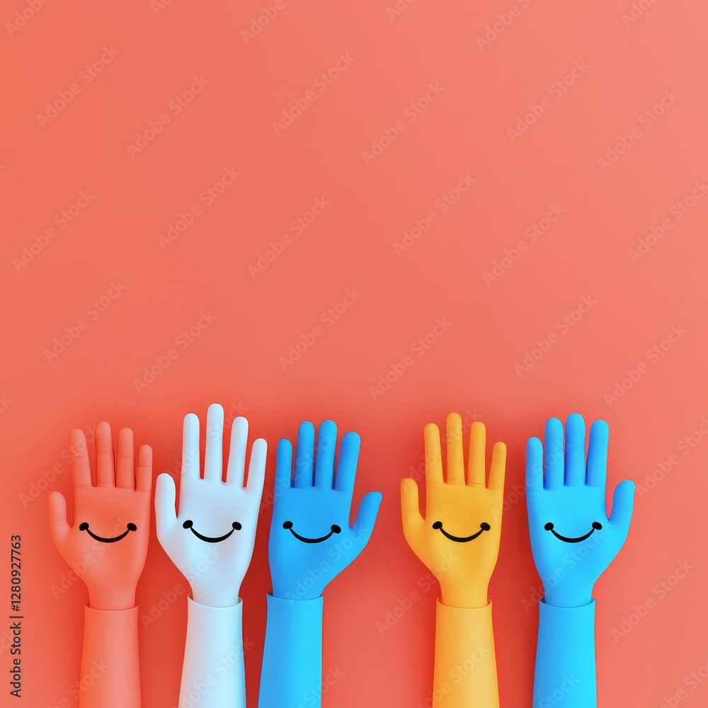 Colorful smiling hand figurines arranged in a row against a vibrant orange background. Colorful smiling hand figurines arranged in a row against a vibrant orange background.
