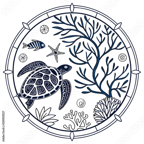 Nautical Turtle Illustration: Ocean Life Art with Coral, Starfish, and Fish in a Decorative Circle Frame - Marine Wildlife Design