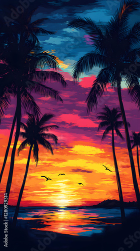 A colorful sunset with palm trees in the foreground, a digital painting depicting a vibrant tropical scene