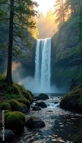 Misty morning veil rises over the Kamianka Waterfall as sunlight peeks through the trees, forest, kamianka