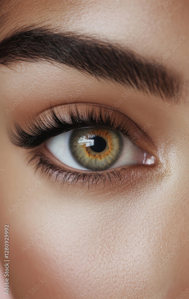 Obraz premium Close up of woman eye with long eyelashes and well defined eyebrows, showcasing natural beauty and detail