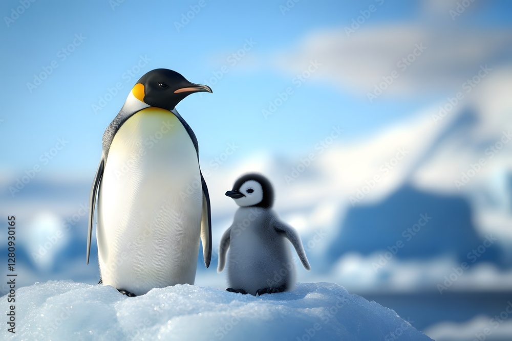 Naklejka premium Photograph of a penguin with its baby in the middle of an Antarctic ice block, against a blue sky, Generative AI