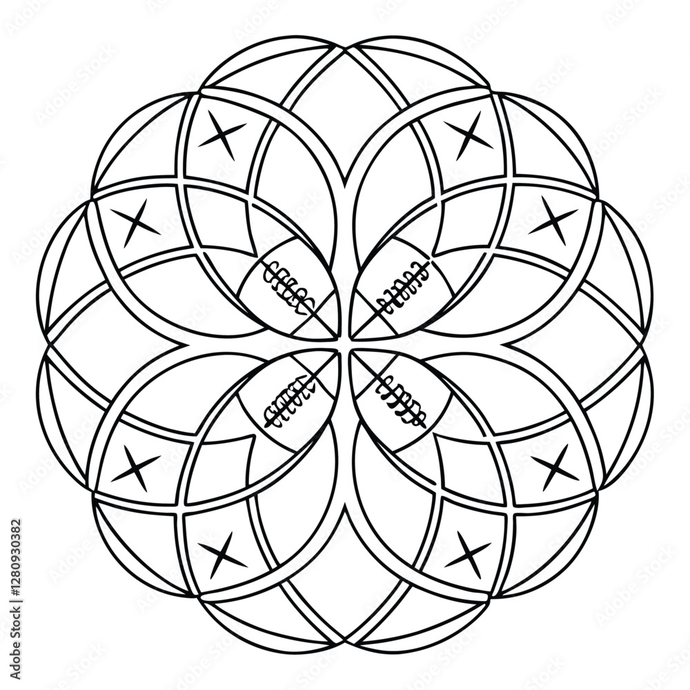 Naklejka premium Football Mandala Coloring Page: Intricate Line Art Design for Relaxation & Creativity, Sports Themed Printable Activity for Adults & Kids