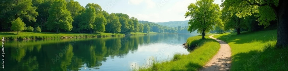 peaceful riverbank scene with a few trees and a winding path, path, calm, nature peaceful riverbank scene with a few trees and a winding path, path, calm, nature