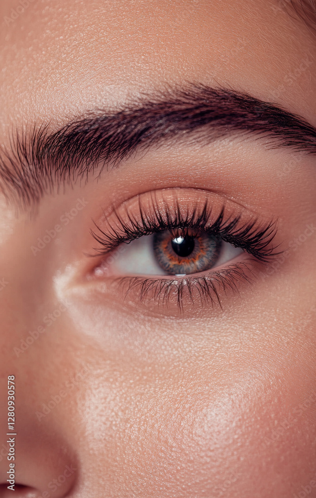 Close up of woman eye with long lashes and well defined eyebrows, showcasing natural makeup and smooth skin texture