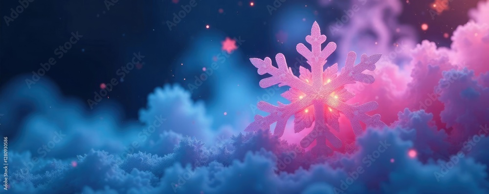 Pink and blue glowing snowflake amidst smoke and misty haze, fog, cloudy Pink and blue glowing snowflake amidst smoke and misty haze, fog, cloudy