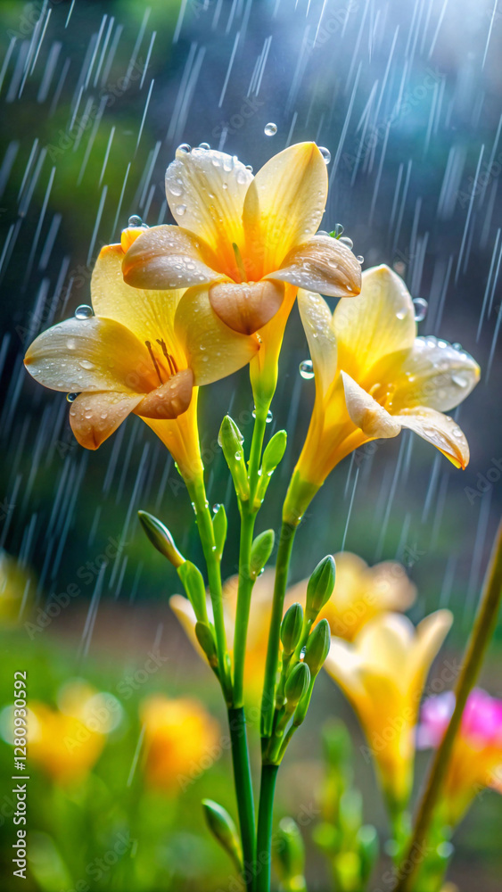 Fototapeta premium Freesia with translucent petals that pop upward like an umbrella when hit by raindrops