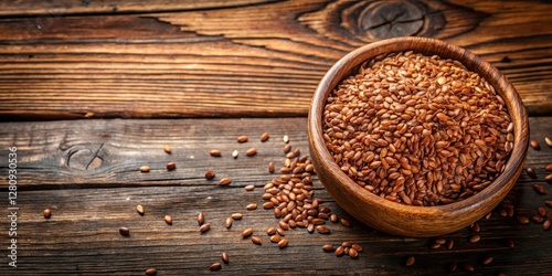 Top view of a wooden bowl filled with organic flaxseed on a rustic table, wholesome, wooden decor