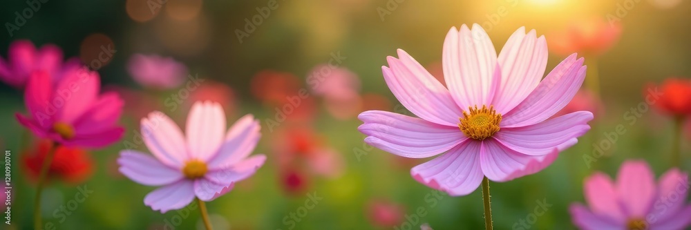 Pink and white cosmos sway gently in the wind, petals, garden Pink and white cosmos sway gently in the wind, petals, garden