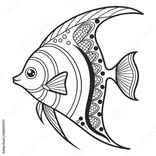 Angelfish Coloring Page: Detailed Zentangle Fish Illustration, Printable Ocean Animal Art for Relaxation & Creative Coloring Fun