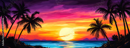 A colorful sunset with palm trees in the foreground, a digital painting depicting a vibrant tropical scene
