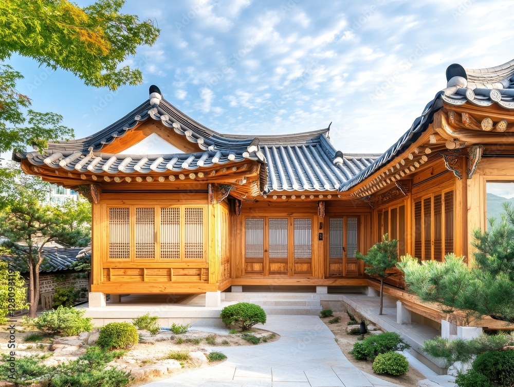 A beautiful Korean traditional house sits in the sunlight A beautiful Korean traditional house sits in the sunlight