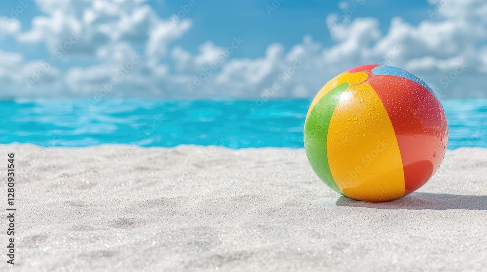 Beach ball on sandy shore, turquoise ocean, summer vacation Beach ball on sandy shore, turquoise ocean, summer vacation