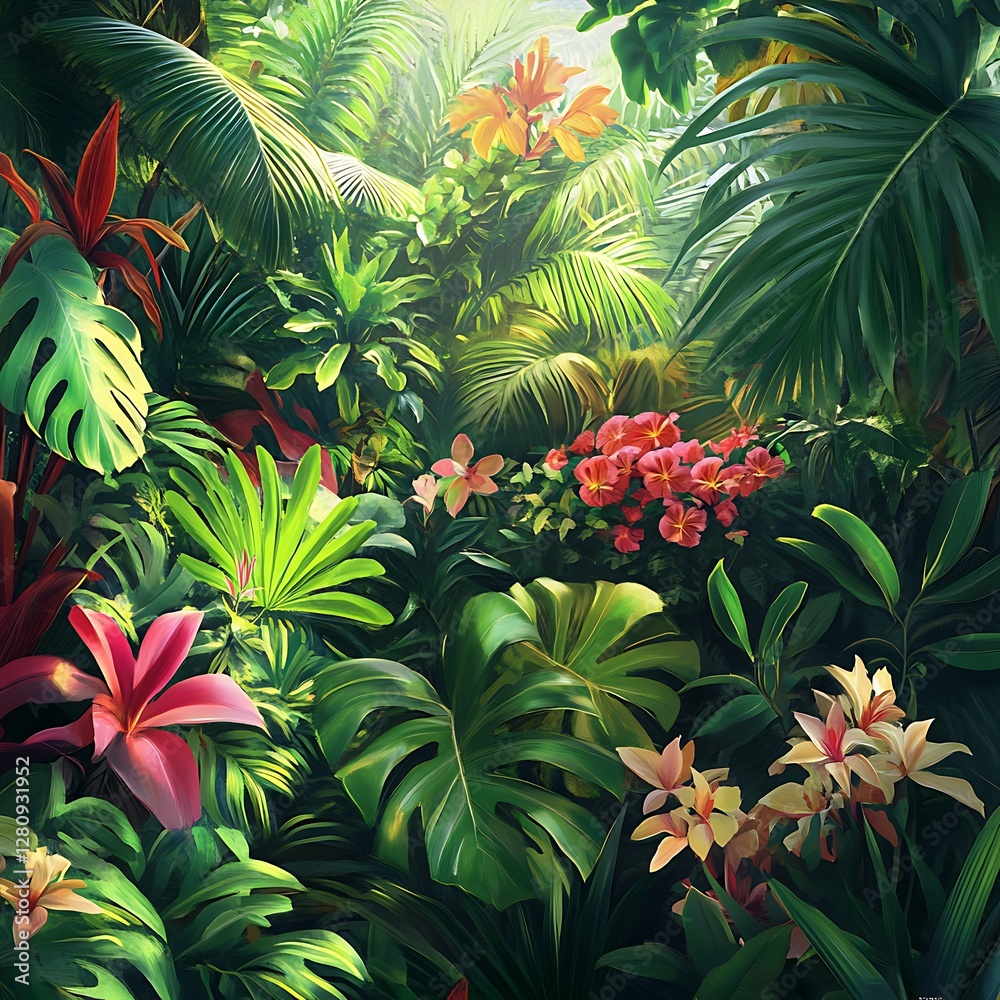 Shaded Rainforest Lush Foliage Exotic Blooms Vibrant Green Scene