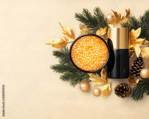 Obraz na płótnie A high-end face mask enriched with Caviar extract, featuring delicate caviar pearls suspended in a clear gel, presented in sophisticated black and gold packaging. w salonie