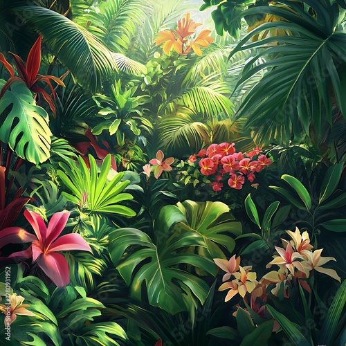 Obraz na płótnie Shaded Rainforest Lush Foliage Exotic Blooms Vibrant Green Scene w salonie