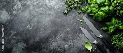 Panel kuchenny z motywem Dark Grey Stone Kitchen Countertop with Fresh Herbs and Chef Knives with Copy Space