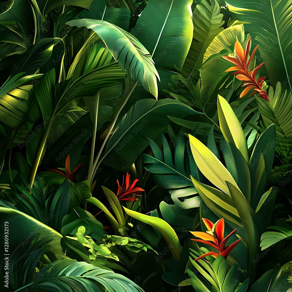 Sunlit Tropical Garden Fresh Green Leaves Exotic Plants Vibrant Hues