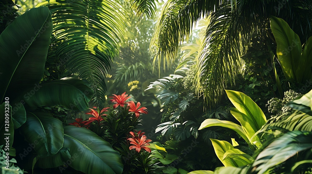 Tropical Garden Foliage Exotic Plants Lush Green Leaves Bright Sunlight