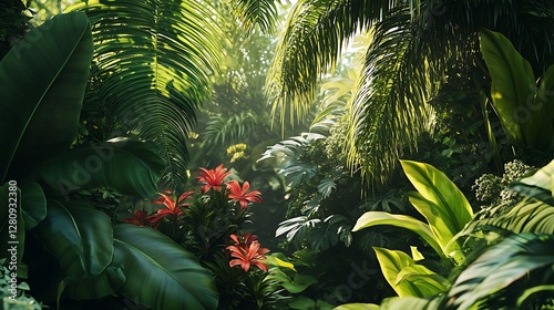 Obraz na płótnie Tropical Garden Foliage Exotic Plants Lush Green Leaves Bright Sunlight w salonie