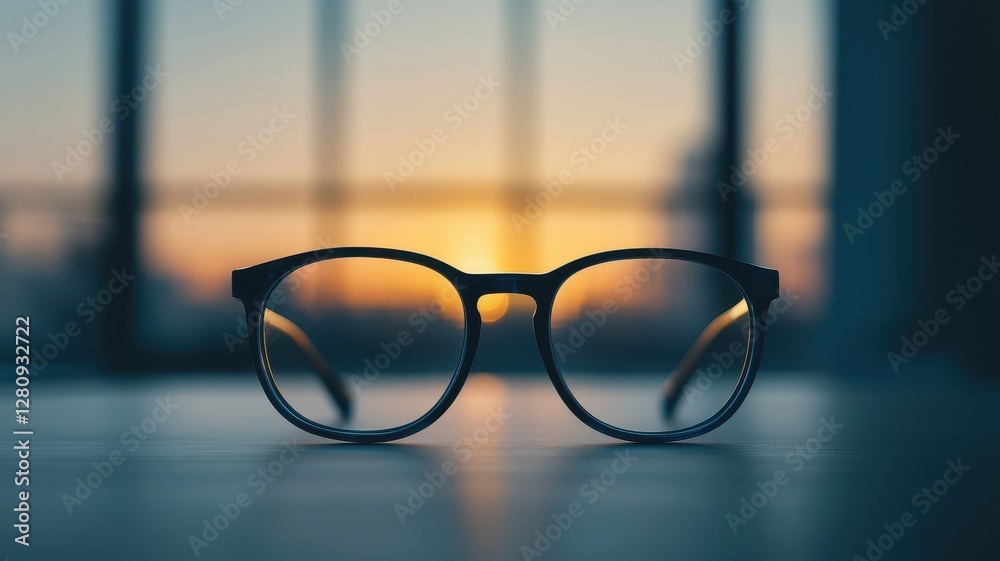 Eyeglasses on Desk Sunset View Through Lenses Spectacles Vision Optics Eyeglasses on Desk Sunset View Through Lenses Spectacles Vision Optics
