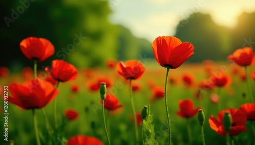Row of red poppy flowers in a lush green meadow, garden, meadow, red