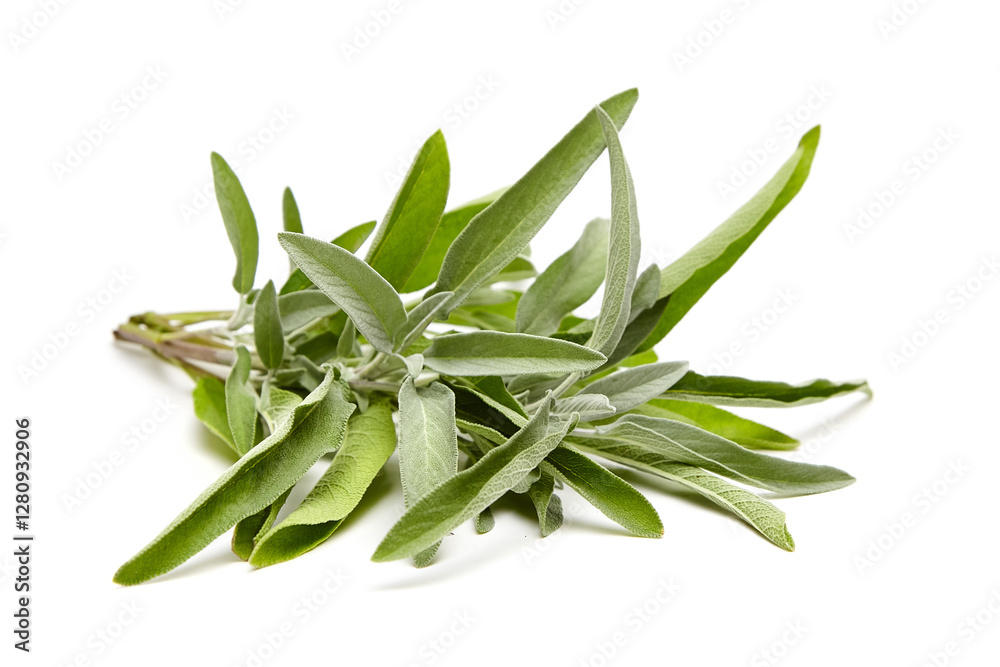 A fresh bundle of sage leaves with velvety green texture and natural veining, placed on a white background. Ideal for culinary or herbal uses A fresh bundle of sage leaves with velvety green texture and natural veining, placed on a white background. Ideal for culinary or herbal uses