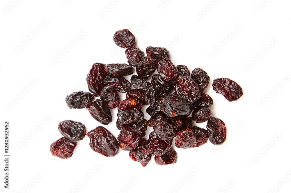 Overhead shot of dried cranberries with a glossy, wrinkled texture. Vibrant red and dark hues stand out against a clean white background Overhead shot of dried cranberries with a glossy, wrinkled texture. Vibrant red and dark hues stand out against a clean white background