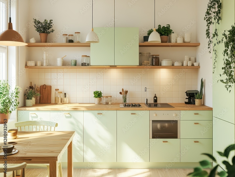 Fototapeta premium A well lit kitchen features a natural setting with plants