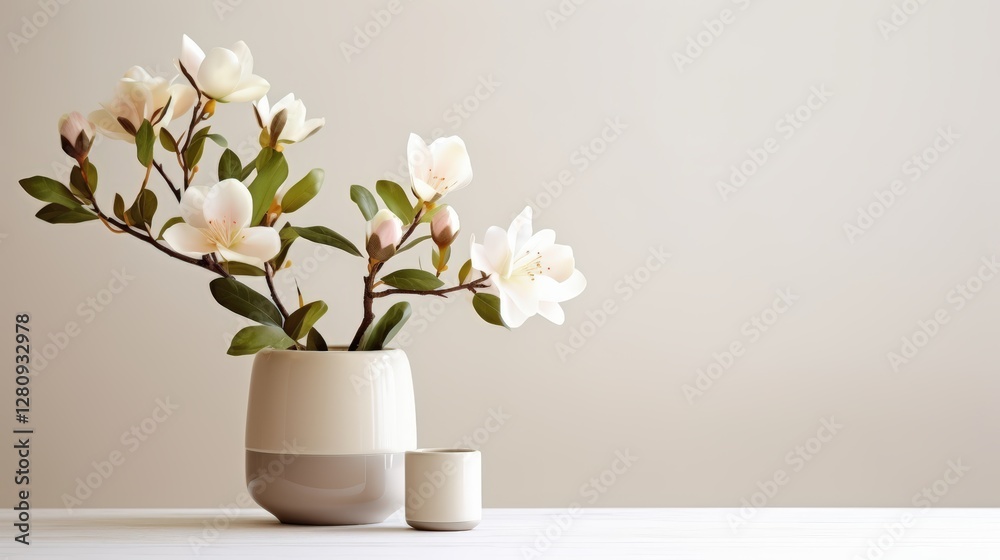 A serene arrangement of white flowers in a modern pot on a minimalist table against a soft, neutral background. A serene arrangement of white flowers in a modern pot on a minimalist table against a soft, neutral background.